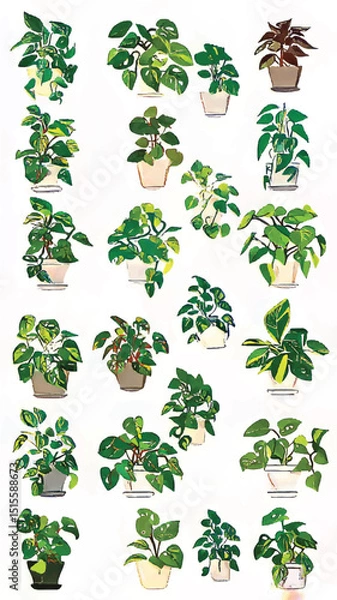 Obraz Lush Botanical Illustration of Diverse Potted Plants: Greenery and Floral Decorative Art for Home Decor and Interior Design