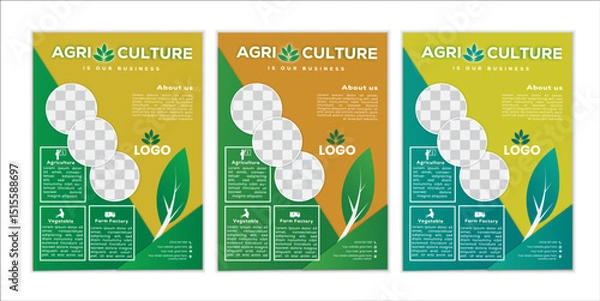 Fototapeta a bundle of 3 templates agriculture flyer design, in blue color, and modern design,marketing,agricuiture proposal, promotion, advertise, publication and editable vector template designe