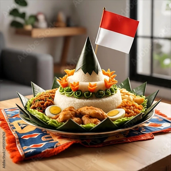 Obraz Indonesian Independence Day Tumpeng | Festive Tumpeng rice cone with Indonesian flag, celebrating Independence Day. A symbol of gratitude and national pride