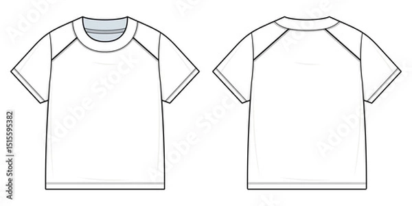 Fototapeta Sporty Oversized T-Shirt Technical Fashion Illustration. Classic Crewneck Tee with Contrasting Raglan-Style Panels Vector Template. Relaxed Fit. Front and Back View. CAD Mockup Set.