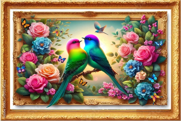 Fototapeta Close - up pictures of cute love bird and the beauty of nature. Picture of beautiful trees and shrubs, beautiful leaves and rose flowers. bird.(06)