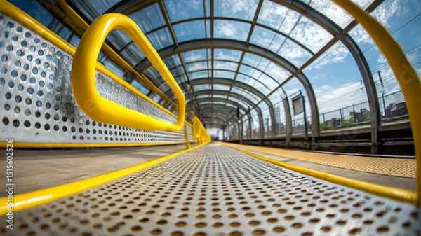 Fototapeta Yellow handrail and metal elements of a modern train platform, intertwining light and shadow in urban transit