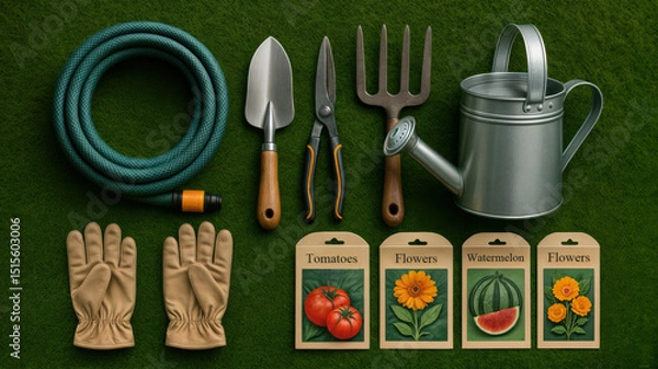 Obraz A top-down illustration of various summer garden tools and seed packets. Vegetables and flowers. Clippers, watering can and gloves. A garden hose and a spade.