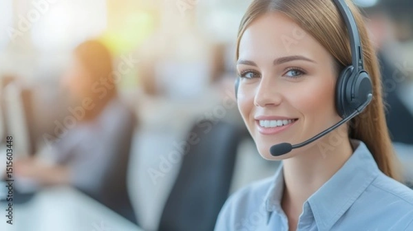 Obraz Professional customer service representative with headset communicating warmly in clean modern office environment showcasing effective business communication support