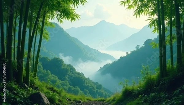 Fototapeta Serene bamboo forest, mist-shrouded mountains , clouds, mountain
