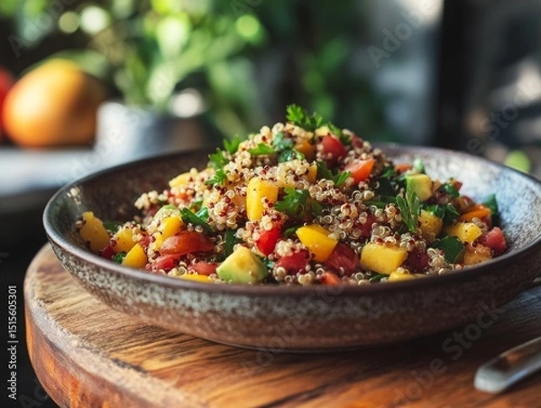 Obraz Nutritious quinoa salad with a variety of fresh fruits and vegetables, including avocado, mango, papaya, tomatoes, cucumber, lentils, and spices, making it a healthy and delicious choice for any meal.