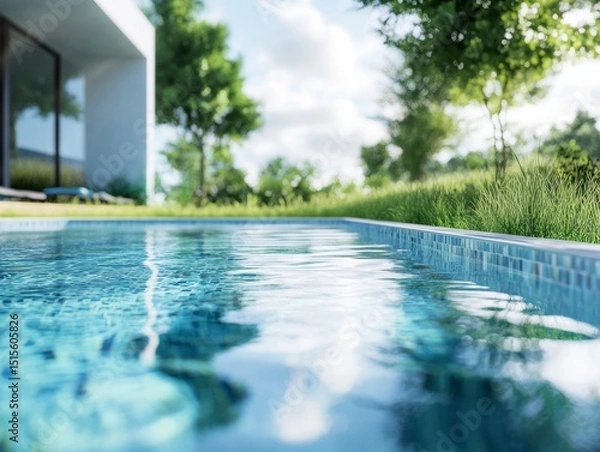 Obraz A modern outdoor swimming pool in a residential backyard, showing water ripples and clear blue color.