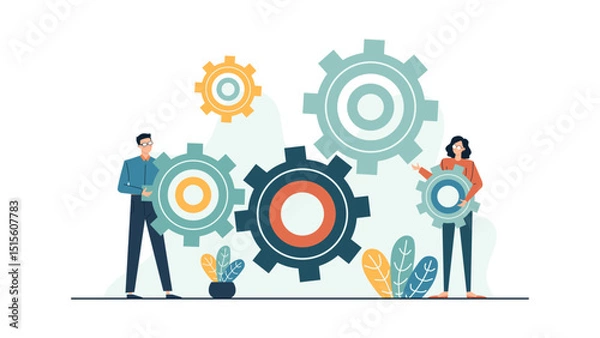 Fototapeta Teamwork concept shown with two people holding gears, symbolizing collaboration and partnership. Ideal for business presentations, websites, and marketing materials.