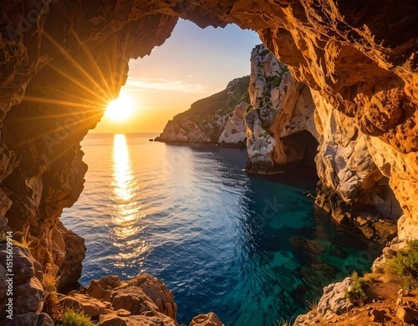 Fototapeta Sunrise cave view over tranquil sea