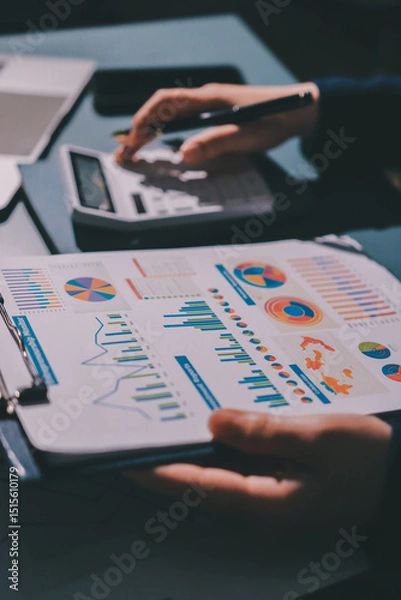 Obraz Expert woman asian female people review data number costing managerial account prepare monthly actual cost variance report at tax audit office. ESG sheet budget control ERP process service project.