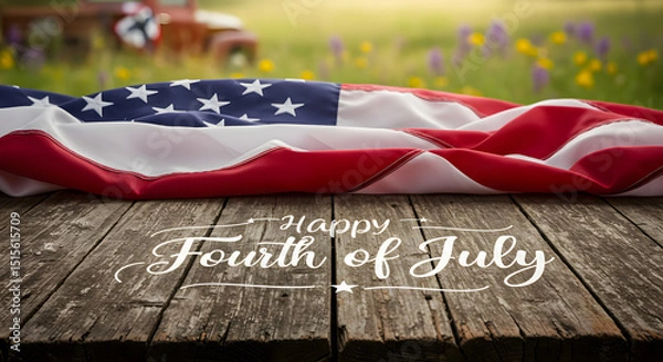 Fototapeta American flag draped on wooden surface with Fourth of July message