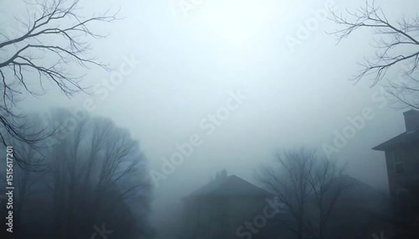 Fototapeta house in the fog with trees in the foreground