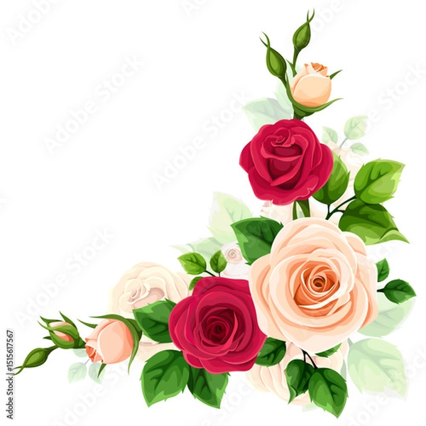 Obraz Roses corner border. Red and yellow roses corner design element isolated on a white background. Red and yellow hybrid tea roses