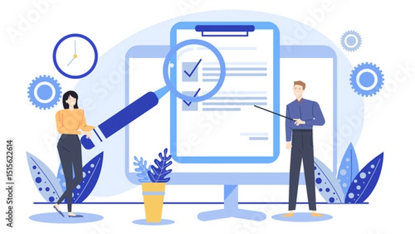 Fototapeta Team analyzing computer data with magnifying glass. Suitable for technology, teamwork, cybersecurity, data analysis concepts in marketing materials.