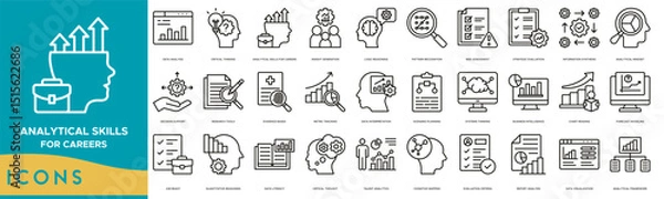 Obraz Analytical Skills for Careers icon set. Data Analysis, Critical Thinking, Analytical Skills for Careers, Insight Generation, Logic Reasoning, Pattern Recognition and Risk Assessment