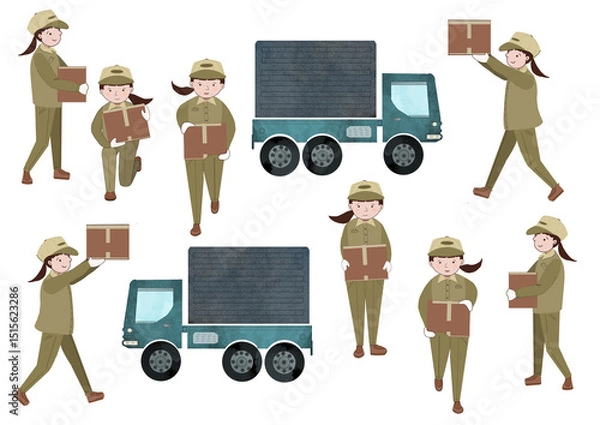 Fototapeta トラックと色々なポーズの運送業の女性の絵