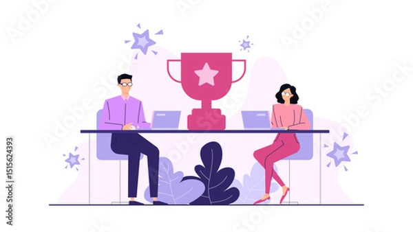 Fototapeta Two people at a desk with a trophy and laptops. Suitable for business, teamwork, success, office, technology, achievement concepts.