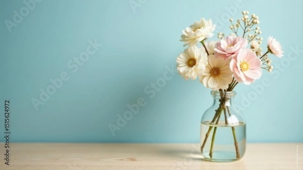 Fototapeta Pastel Blooms in a Glass Vase on a Light Wooden Surface Against a Soft Blue Background