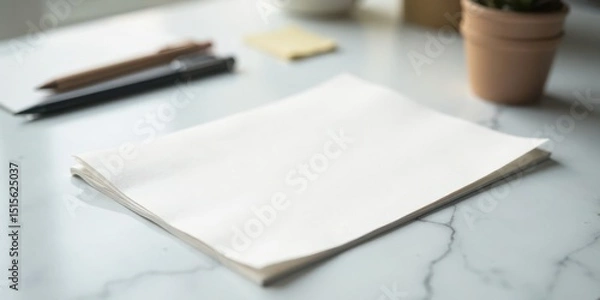 Fototapeta Blank Notebook Ready for Ideas on a Marble Surface with Pens
