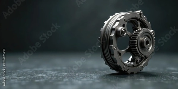 Fototapeta Precision engineered metal gears, intricate mechanism, complex industrial component, detailed machinery, dark background