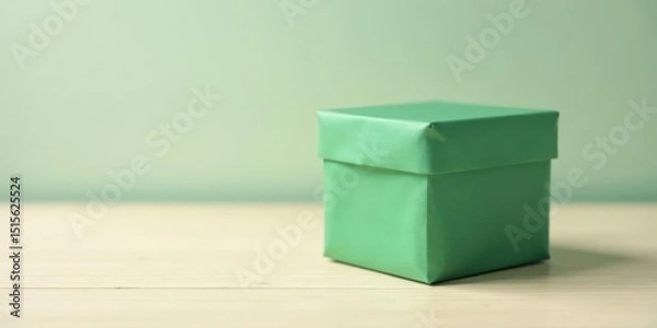 Fototapeta A single, light green, square gift box rests on a pale wood surface against a muted green background