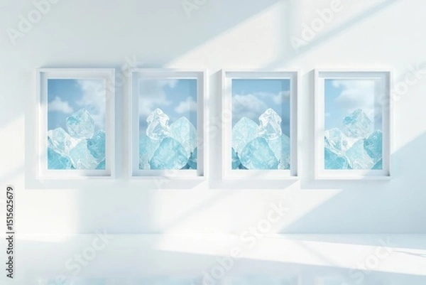 Fototapeta Serene Minimalist Interior Featuring Four White Frames Displaying Ice Formations Against a Cloudy Sky