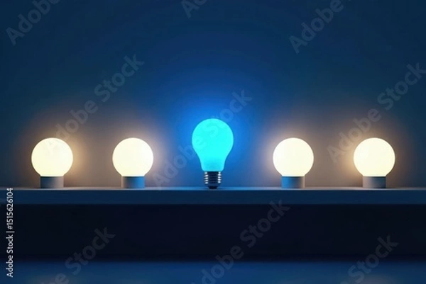 Fototapeta A Single Blue Illuminated Lightbulb Stands Out Among Four Standard White Bulbs on a Shelf in a Dark Room