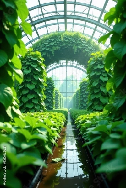 Fototapeta Lush Greenery Thriving in a Greenhouse Setting Rows of vibrant, heart-shaped leaves line a central water channel, creating a serene and verdant pathway under a glass ceiling.