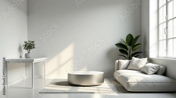 Fototapeta Modern minimalist living room interior design with neutral color palette and natural light featuring a low-profile sofa, round coffee table, and small potted plant