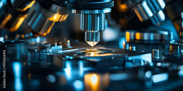 Fototapeta  Close-up of microscope in scientific laboratory, Detailed view of microscope lens and stage, Precision optical instrument for lab research