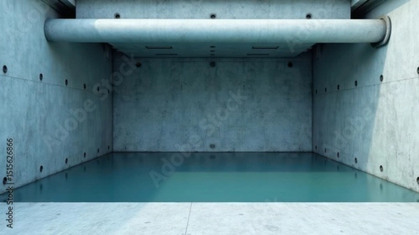 Fototapeta Subterranean Chamber with Teal Water Feature and Industrial Piping