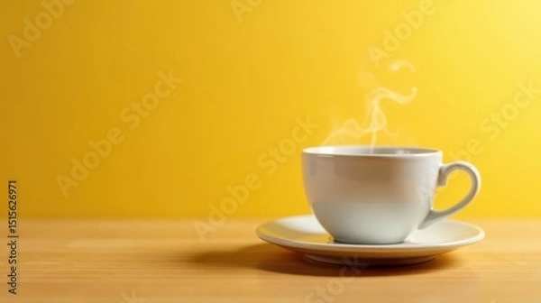 Fototapeta Aromatic Steam Rising From a White Mug on a Light Wooden Table Against a Vibrant Yellow Background