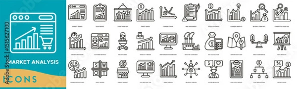 Fototapeta Market Analysis Icon set. Market Trends, Data Report, Chart Analysis, Profit Graph, Demand Curve, Risk Assessment, Stock Movement, Business Insights and Revenue Forecast
