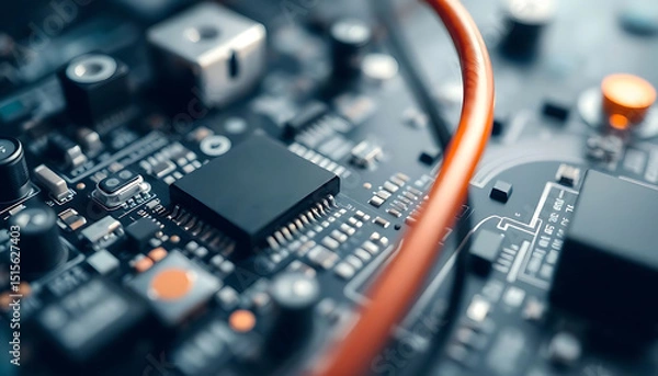 Obraz close up of a circuit board with a red cord