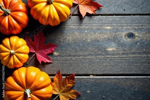 Fototapeta Autumnal Harvest Scene Vibrant Pumpkins and Colorful Fall Leaves on Rustic Wooden Background
