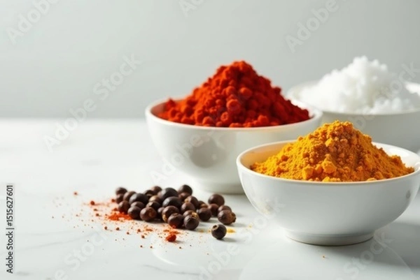 Fototapeta Aromatic Collection of Vibrant Spices in Simple White Bowls with Scattered Peppercorns