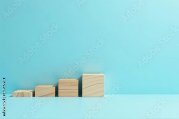 Fototapeta Ascending Wooden Blocks on a Light Blue Background, Representing Growth, Progress, and Achievement