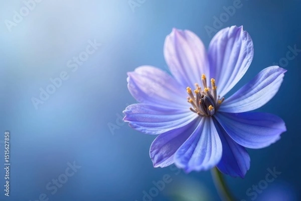 Fototapeta A delicate lilac bloom, softly illuminated against a serene azure backdrop, captures the essence of quiet beauty and gentle grace.
