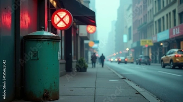 Fototapeta A weathered green metal receptacle stands beside a city street on a foggy morning, near illuminated no-stopping signs reflecting red light