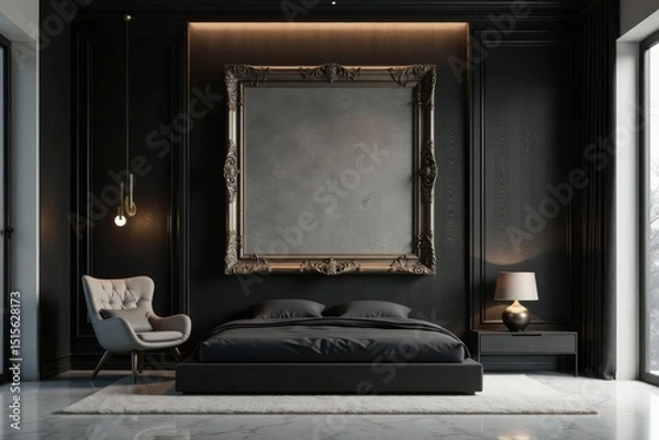Fototapeta Opulent Dark Bedroom Interior Design Featuring a Large Ornate Frame and Luxurious Bed