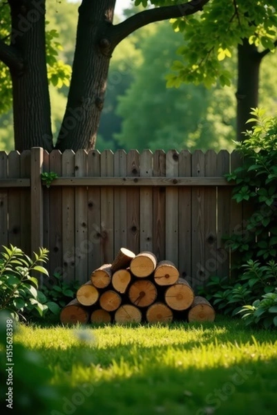 Fototapeta Serene Backyard Scene with Stacked Wood Logs Against Wooden Fence in Lush Green Garden