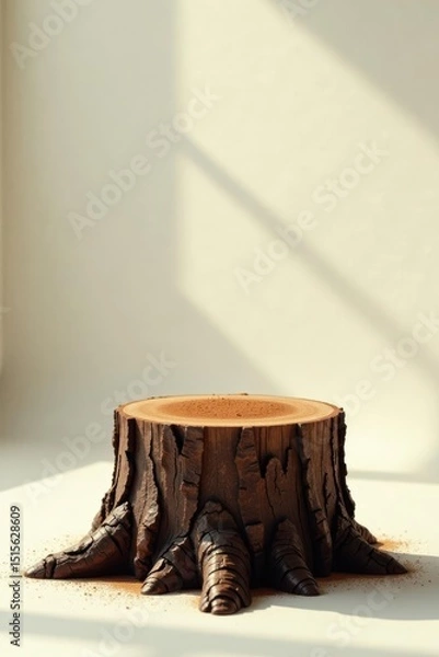 Fototapeta Rustic Tree Stump Display Stand with a Subtle Cocoa Dusting in Soft Sunlight