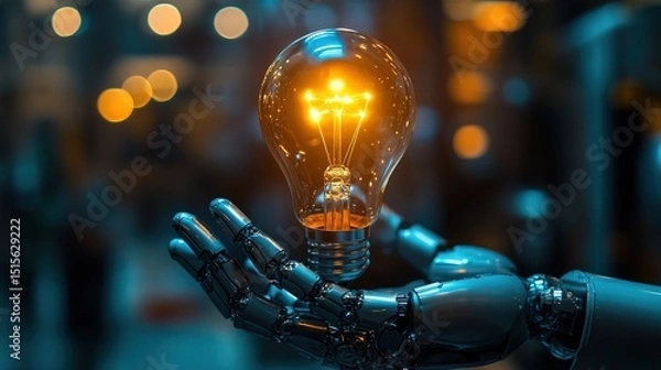 Fototapeta A robotic hand holding a glowing eco-friendly lightbulb, symbolizing green technology