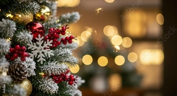 Fototapeta Decorated Christmas Tree with Lights and Ornaments Close Up