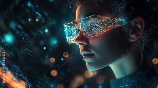 Fototapeta A person with a bioluminescent neural interface accessing vast knowledge