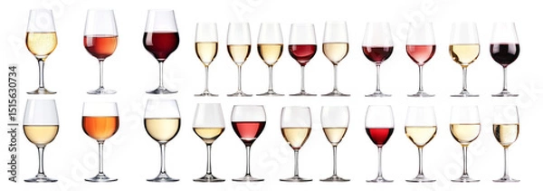 Fototapeta Collection of Various Wine Glasses with Different Wine Types, Isolated on Transparent, white background
