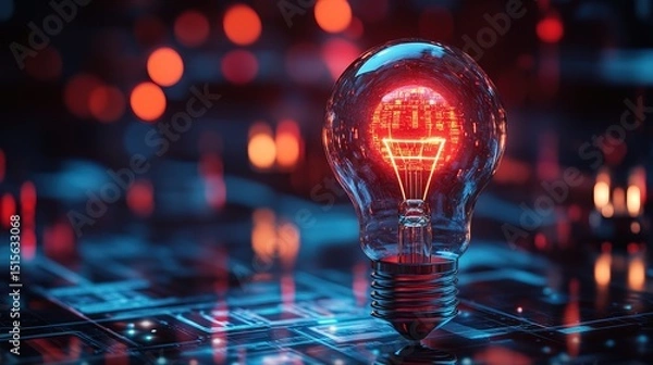 Fototapeta A neon-lit smart lightbulb with a holographic interface displaying energy consumption 