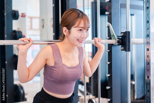 Fototapeta ジムで筋トレをするスポーティーな若い女性