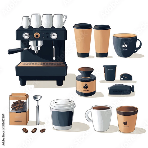 Obraz Realistic and artistic illustrations of coffee beans, brewing equipment, coffee cups, baristas, coffee farms, roasting processes, and café scenes