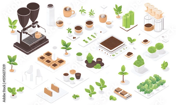 Obraz Realistic and artistic illustrations of coffee beans, brewing equipment, coffee cups, baristas, coffee farms, roasting processes, and café scenes